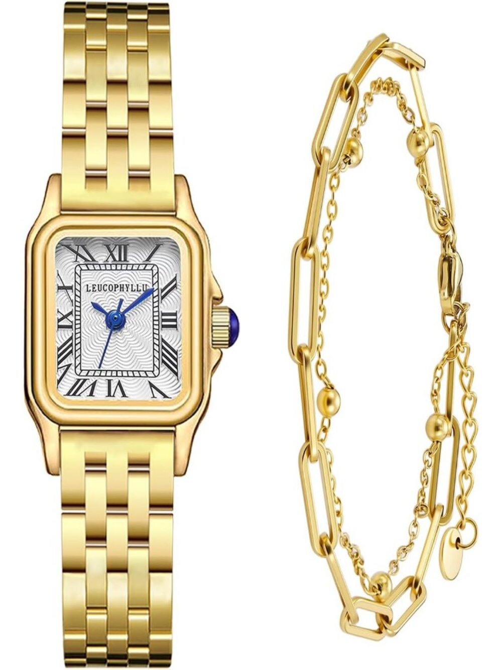 Women's Golden with Golden Chain Vintage Rectangular Case Fashion Wrist Watches